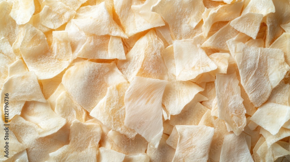 Poster Top view of a textured background featuring numerous salted cod fillet slices arranged closely together on a surface.