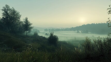 Dawn Fog Embracing Serene Landscape with Trees and Rolling Hills in Soft Light