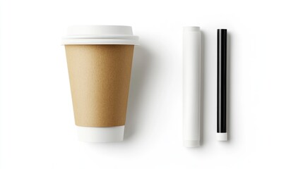 Minimalistic top view of a disposable coffee cup with two colorful markers on a white background for creative design concepts.