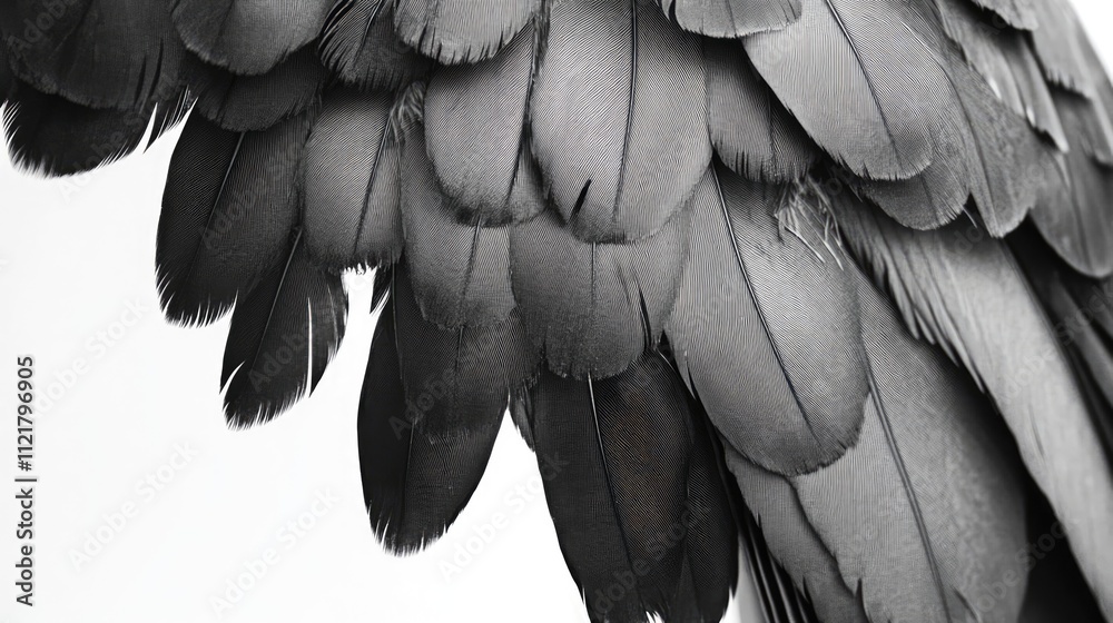 Poster black and white close-up of bird feathers showcasing intricate texture and pattern on a clean white 