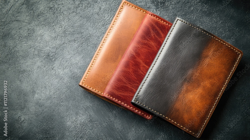 Poster three stylish leather wallets in brown red and black arranged on a textured grey background showcasi