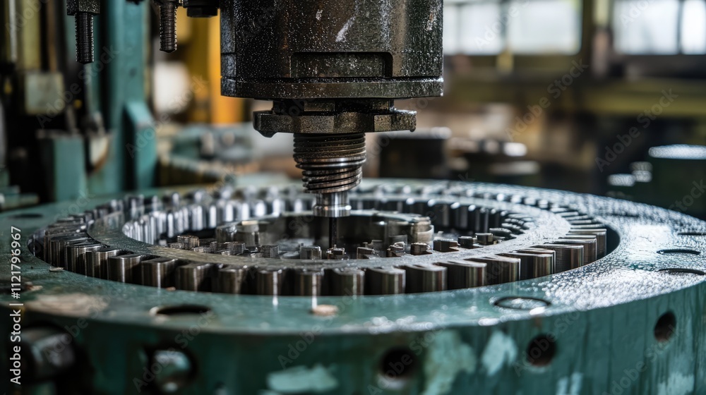 Poster semi automatic cnc column disc machine in industrial setting with intricate mechanical components an