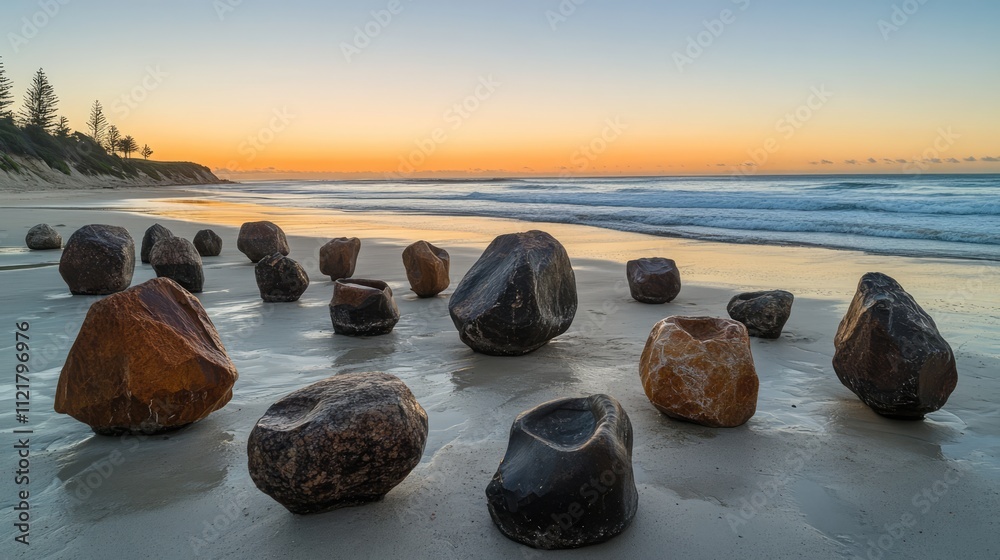 Aufkleber Multicolored Smooth Rocks on Beach at Sunrise with Gentle Waves Lapping Shoreline Creating a Serene Coastal Landscape Scene