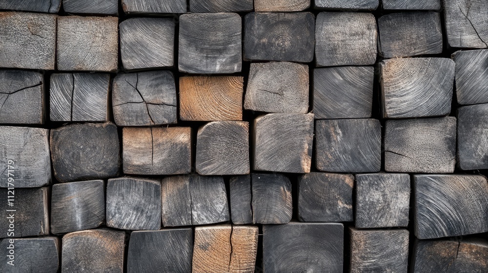 Poster timber stack in black and white textured background natural wood blocks arranged harmoniously