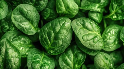 Obraz premium Lush Fresh Spinach Leaves Shimmering with Water Drops in High-Tech Hydroponic Vertical Farm Environment for Optimal Growth Conditions