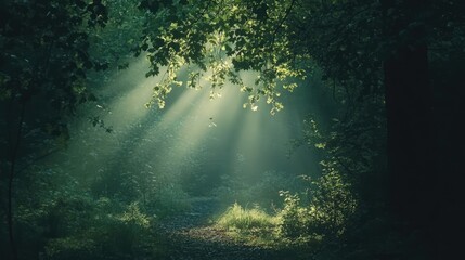 Sunlight Streaming Through Lush Green Leaves Over a Serene Forest Pathway