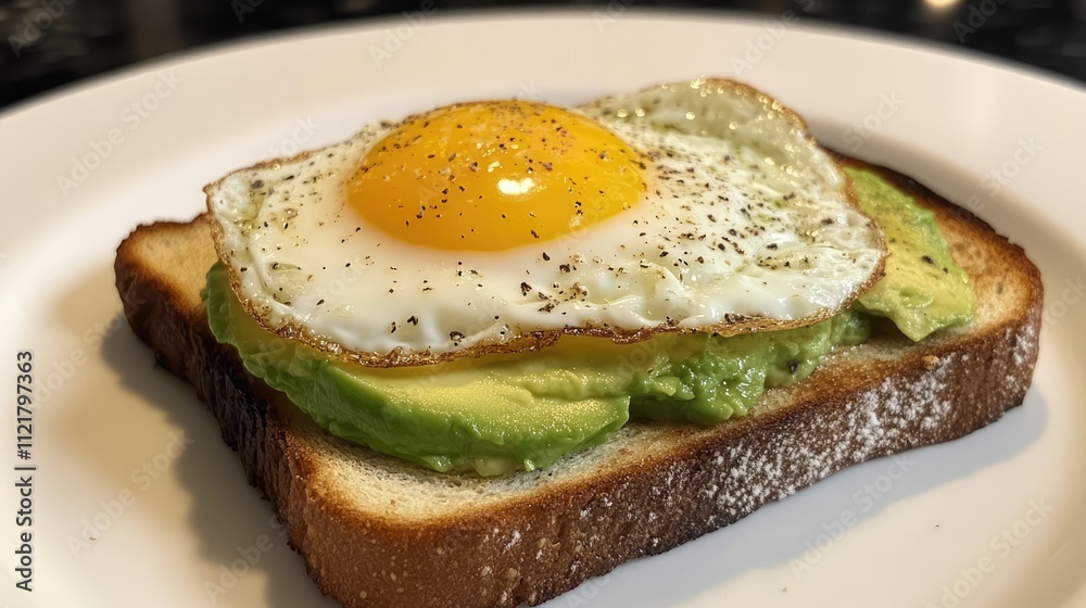 Poster Avocado toast with sunny side up egg served on rustic bread topped with seasoning