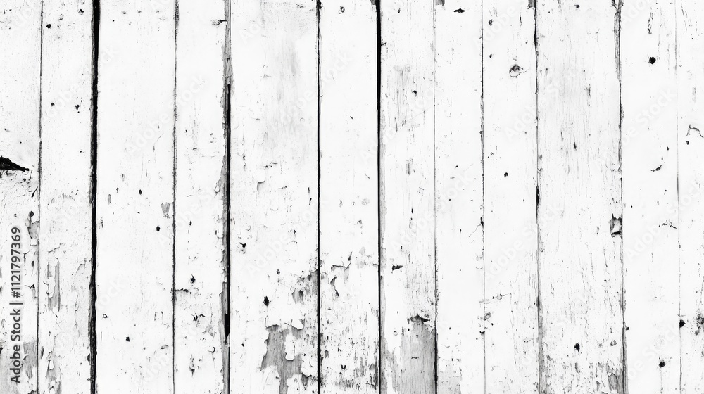 Poster Peeling white paint on weathered wooden planks creating a rustic and aged background texture for design projects