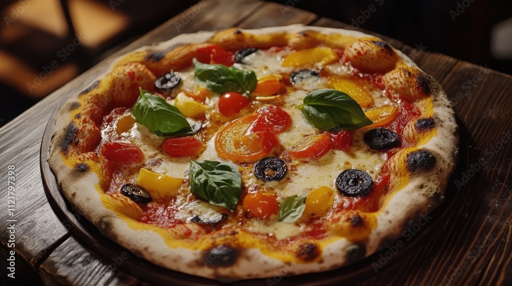 Poster freshly baked vegetable pizza with basil and colorful toppings on rustic wooden surface.