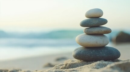 Fototapeta premium Balanced stones at a serene beach symbolizing tranquility, mindfulness, and nature's harmony during a peaceful sunset.