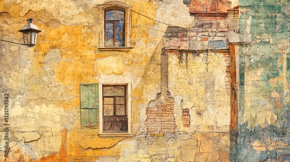 Poster Textured background of weathered building facade showcasing architectural details and vibrant colors in an urban setting