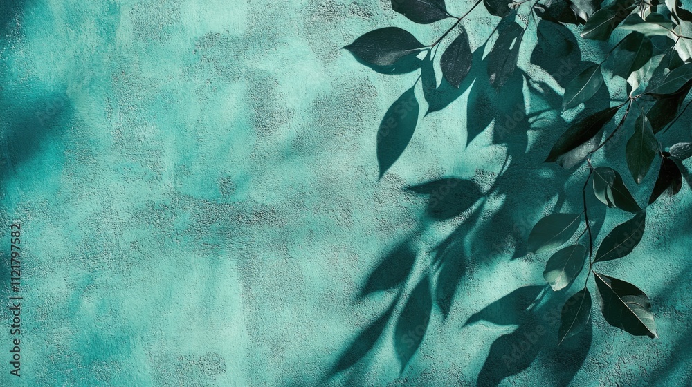 Poster shadow of leaves cast on a textured turquoise concrete wall creating an abstract nature background w