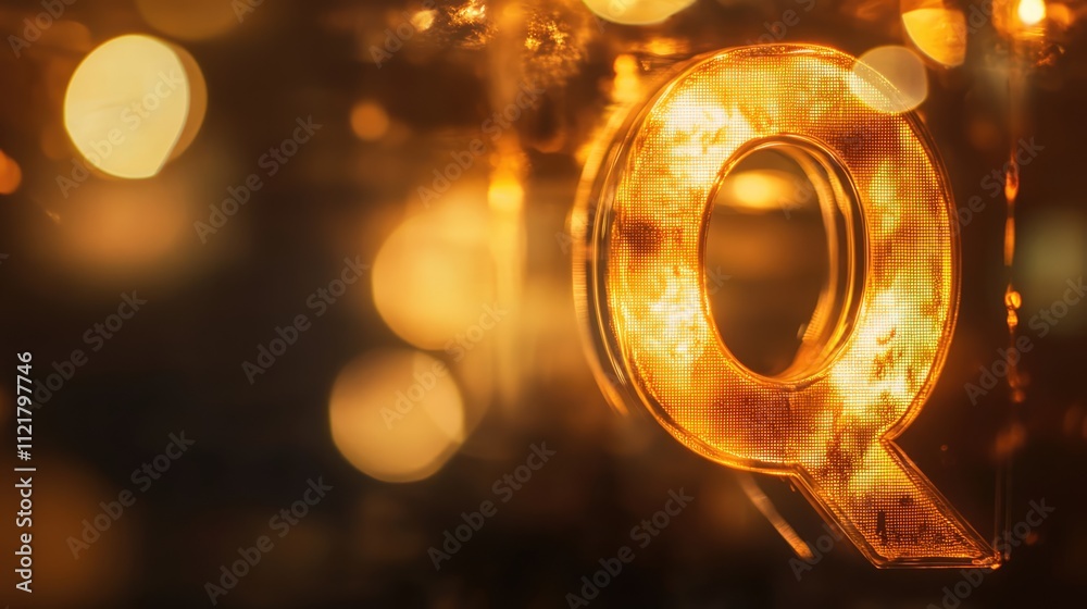 Poster Bokeh effect highlighting the letter Q with warm sunlight reflections creating a mesmerizing visual ambiance