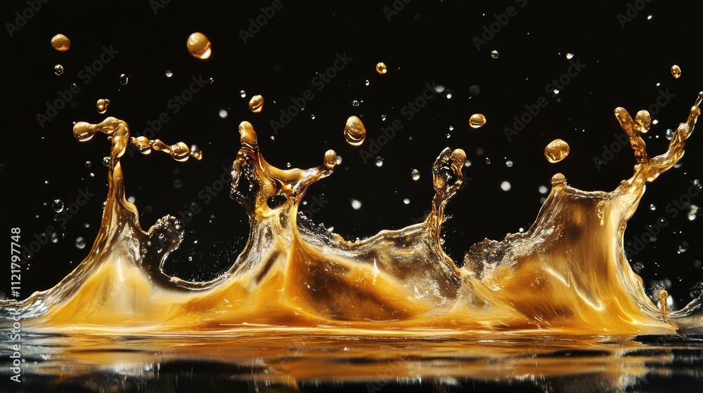 Poster dynamic splash of golden liquid droplets in motion isolated on black background capturing vibrant te