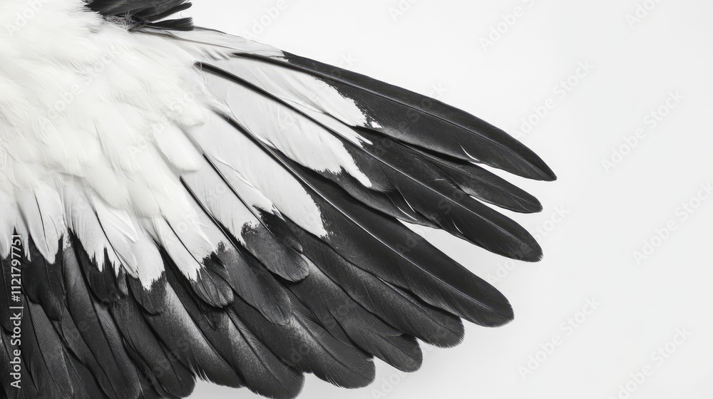 Aufkleber black and white bird feathers against a clean white background showcasing intricate patterns and tex
