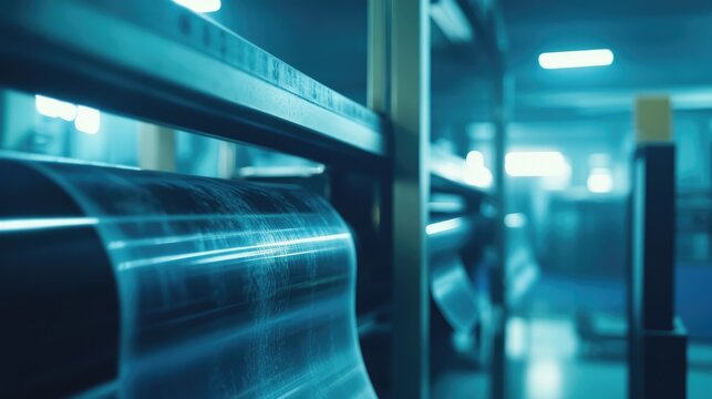 Modern flexographic printing press detail showcasing flexible material rolls in a selective focus setting highlighting industrial technology and workflow