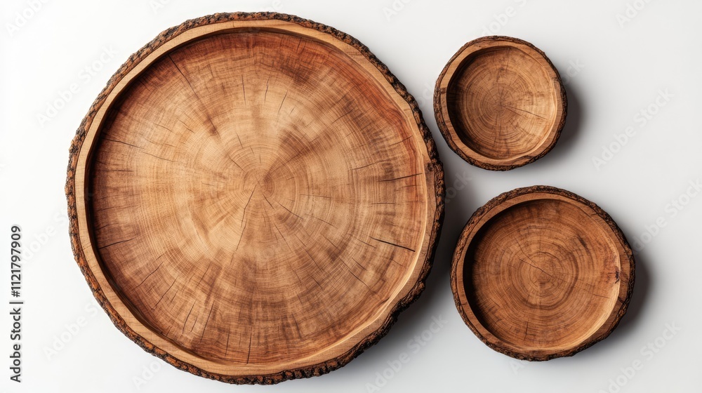 Poster Wooden stump trays in various sizes displayed from above on a clean white background showcasing natural textures and rustic design elements