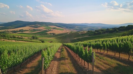 Fototapeta premium Vibrant summer vineyards showcasing Ugni Blanc grapes in a picturesque wine region for distillation and winemaking amidst rolling hills.