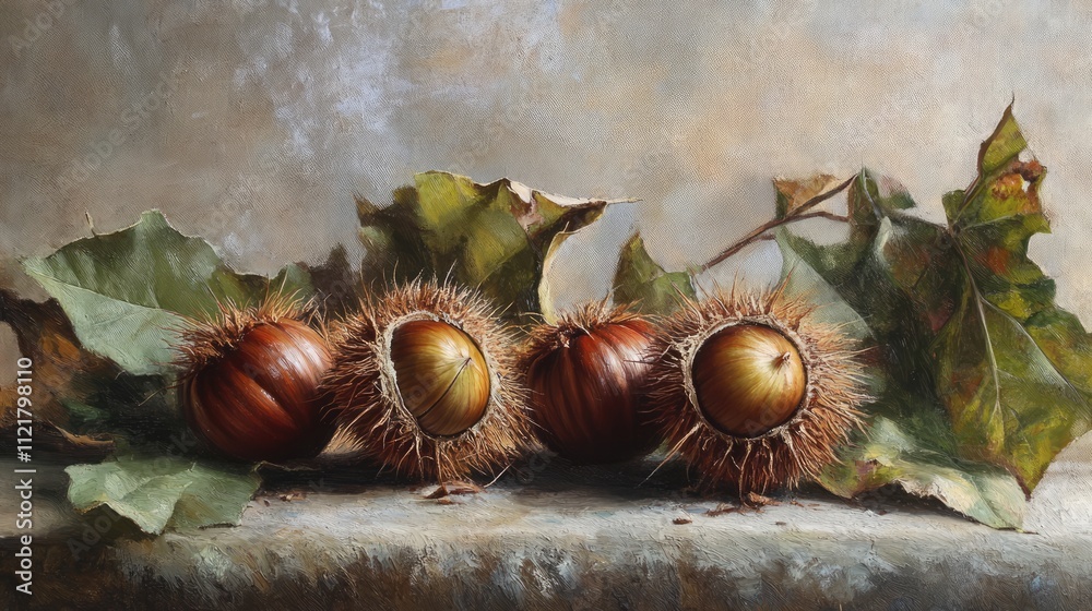 Poster freshly gathered chestnuts on leaves with rustic textured background in warm natural tones