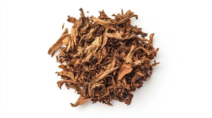 Obraz premium Dried tobacco leaves arranged on a white background showcasing their texture and color from a top view perspective.