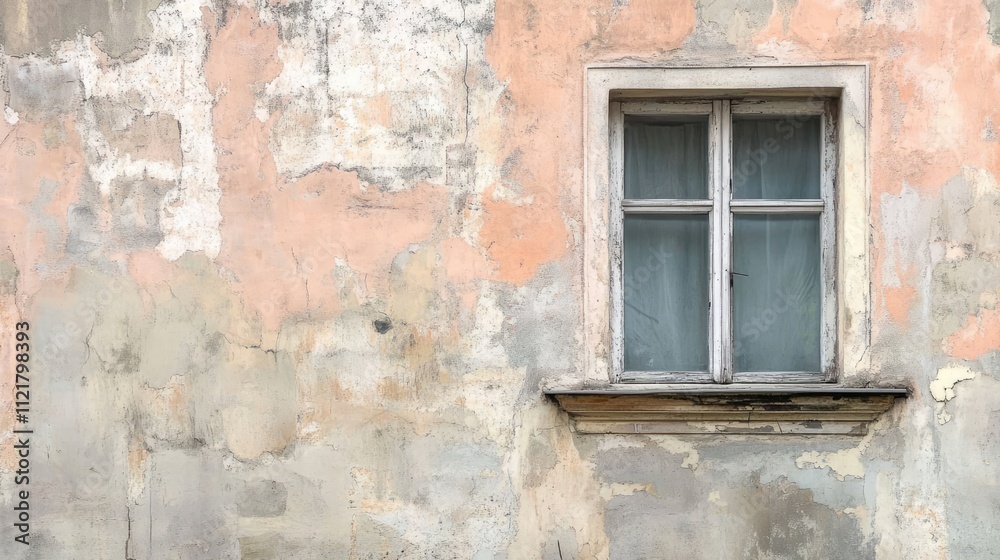 Poster facade renovation featuring a newly installed window against a weathered wall showcasing peeling pai