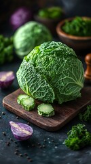 Radiant scene featuring fresh cabbage and lush leafy greens in beautiful food display picture