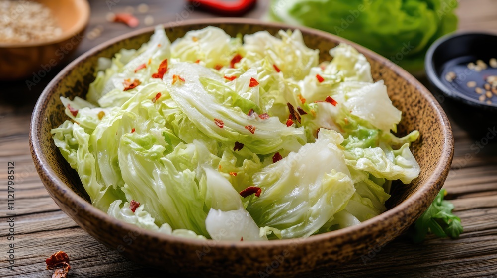 Aufkleber delicious thai fried cabbage salad with fish sauce and chili flakes served in a rustic bowl on a woo