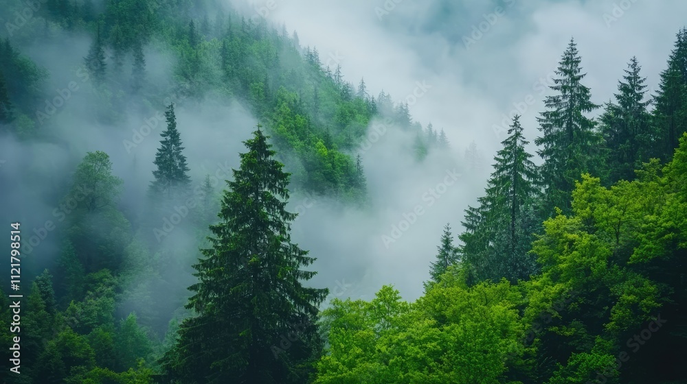 Aufkleber Lush green forest enveloped in fog creating a tranquil and serene atmosphere with varying shades of greenery and misty ambiance.