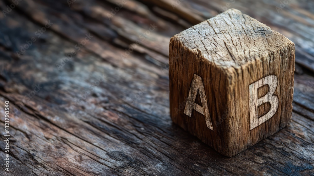 Poster Wooden cube featuring engraved letters A and B on a rustic wooden surface, creating a visually striking and engaging focal point.