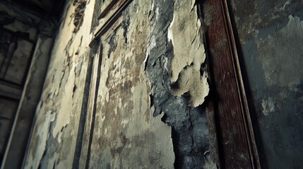 Weathered interior wall showcasing peeling plaster and rustic charm in an abandoned space. Ideal for concepts of decay and renovation.