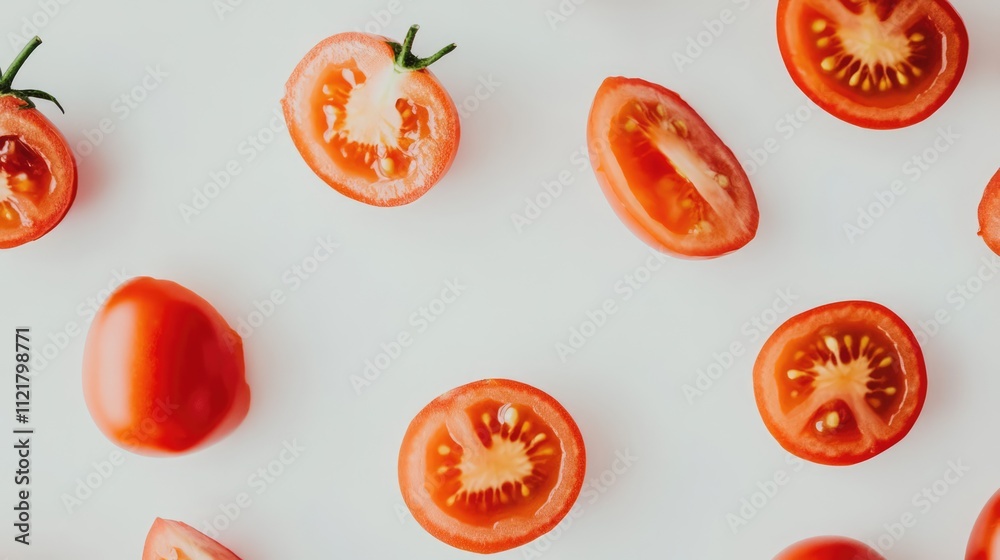 Poster fresh ripe tomatoes and their vibrant slices arranged artistically on a clean white background for c