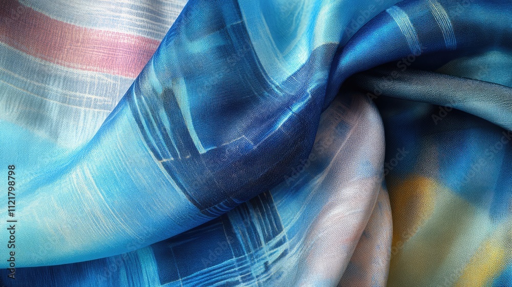 Poster silk scarf texture with blue and pastel abstract patterns featuring delicate designs and metallic st