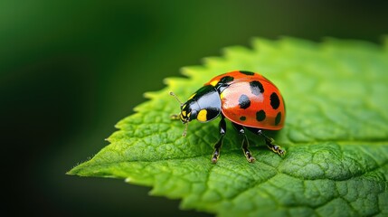 Fototapeta premium Ladybug resting on a vibrant green leaf showcasing nature's beauty and details in the insect world.