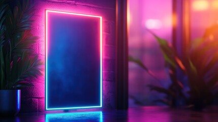 Naklejka premium A vibrant neon-lit mirror contrasts with a dimly lit background featuring plants, creating a modern and artistic atmosphere.