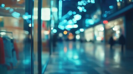 Shopping mall interior with blurred storefronts and vibrant bokeh lights creating a dynamic and inviting atmosphere for retail experiences.