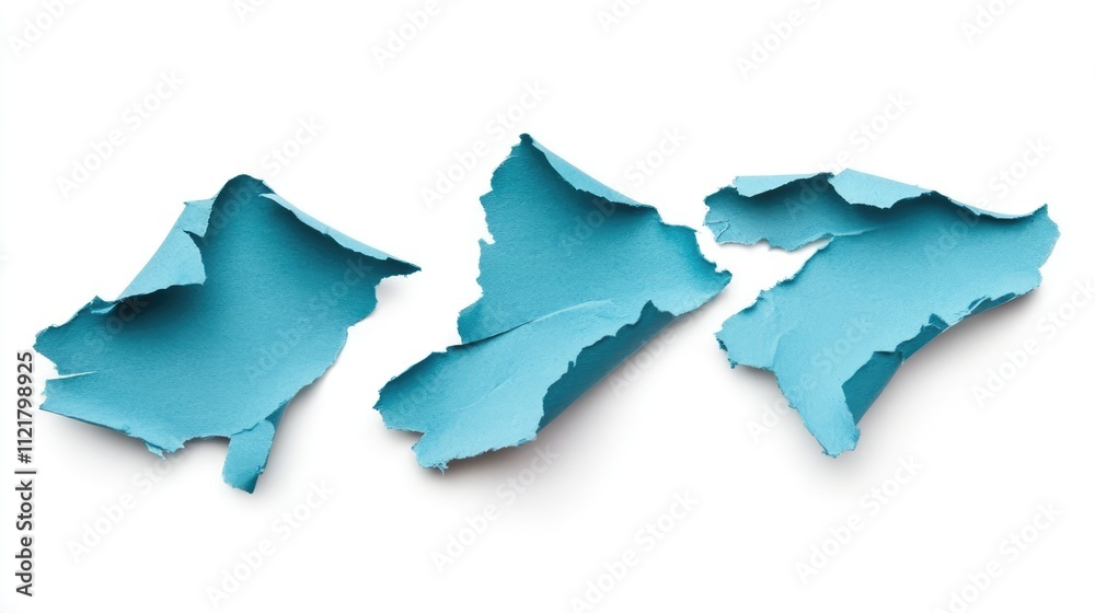 Poster Torn blue paper fragments on white background creating a blank space for text or design with a modern and fresh composition ideal for banners