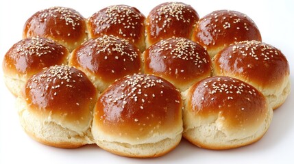 Freshly baked golden hamburger bread buns with sesame seeds arranged in a top view shot on a white background for culinary visuals.