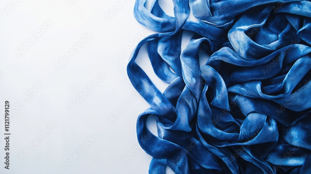Poster top view of textured blue velvet fabric artfully draped over a white surface creating an elegant and