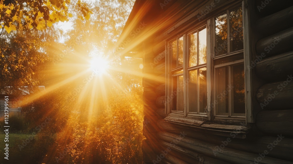 Poster summer sunlight streaming through the windows of a rustic country house surrounded by nature in a se