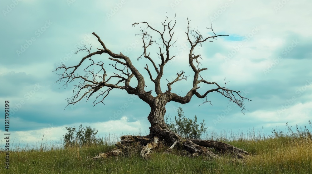 Poster a weathered tree with twisted branches stands alone in a grassy landscape under a dramatic sky