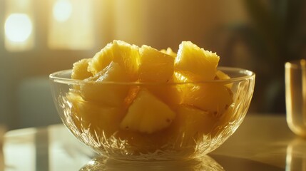 Fresh pineapple chunks in a crystal bowl illuminated by warm sunlight creating a vibrant and inviting atmosphere for healthy eating