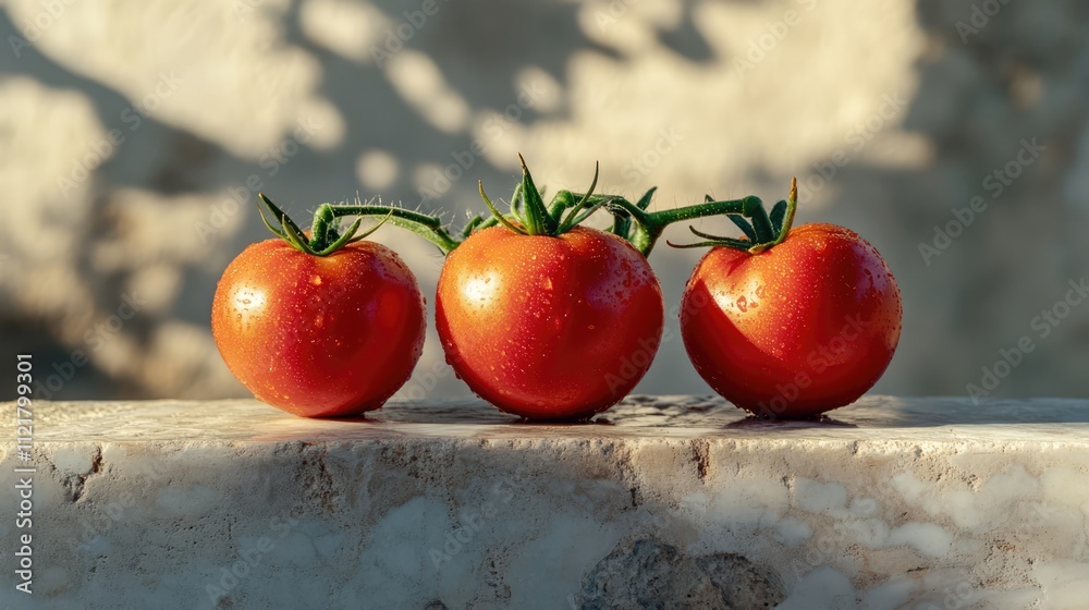 Poster freshly harvested ripe tomatoes arranged on a rustic stone table with natural sunlight enhancing the
