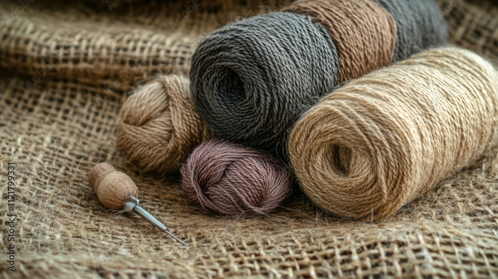 Poster Sewing Threads in Macro with Needle on Rustic Fabric Background