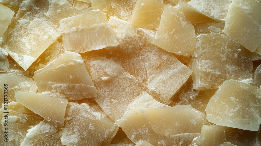 Fototapete Top view of assorted salted cod fillet slices arranged on a counter creating a textured background for culinary or food-related themes