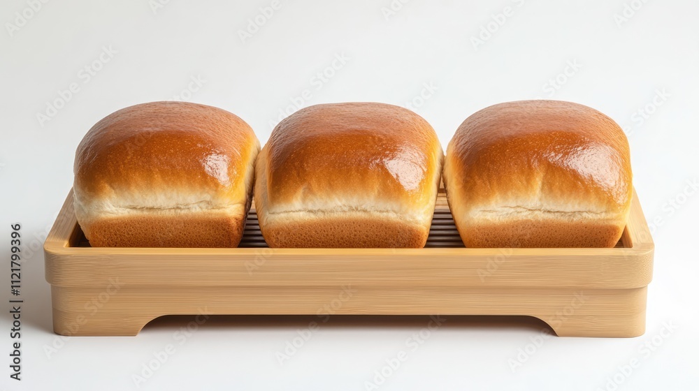 Aufkleber three freshly baked loaves of bread arranged on a bamboo tray with a minimalist white background for