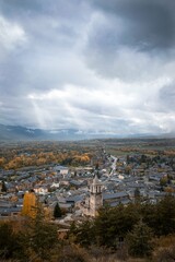 Llívia spanish exclave old town with a church seen from above in the Pyrenees mountains in the Cerdanya region