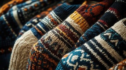 Fototapeta premium Colorful jacquard patterned sweaters hanging on display showcasing intricate knit designs and textures in warm autumn hues