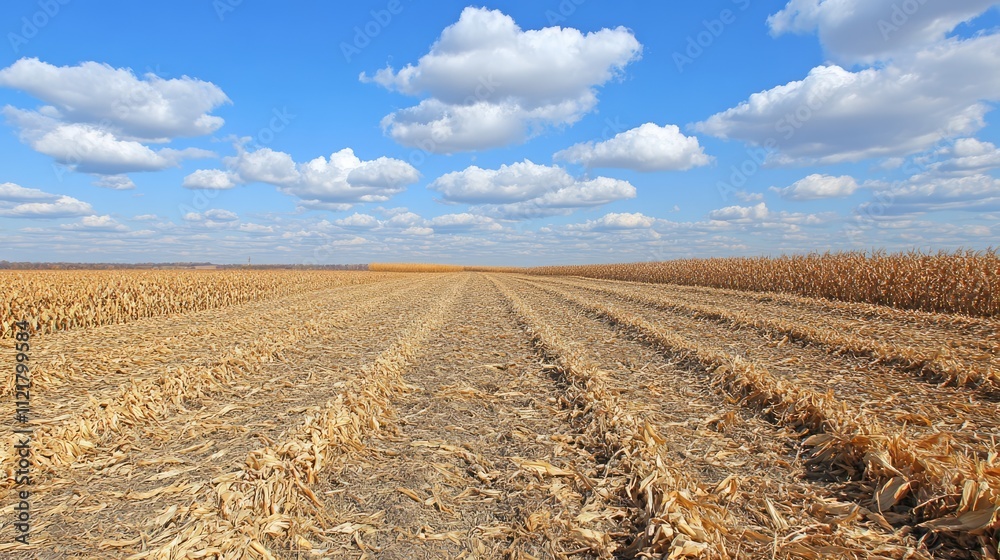 Aufkleber tilled cornfield with cut stubble rows under a bright blue sky and fluffy clouds after harvesting in