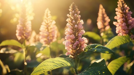 Fototapeta premium Tobacco plantation field with blooming pink nicotine flowers illuminated by warm sunlight showcasing agricultural beauty and biodiversity