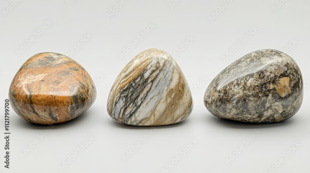 Poster three polished river stones arranged in a row against a smooth neutral backdrop showcasing natural t